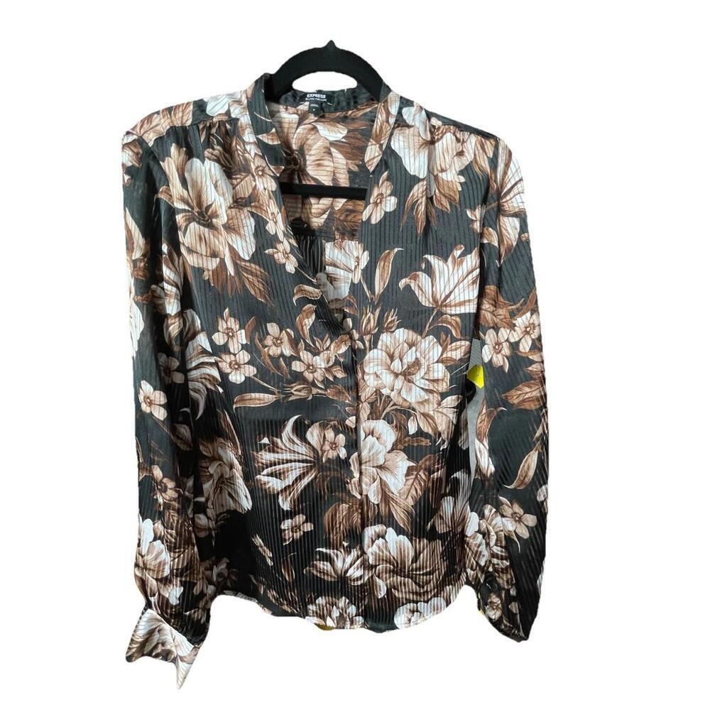 Express Relaxed Portofino Women’s Brown Black Floral Blouse Long Sleeve Top Sz S